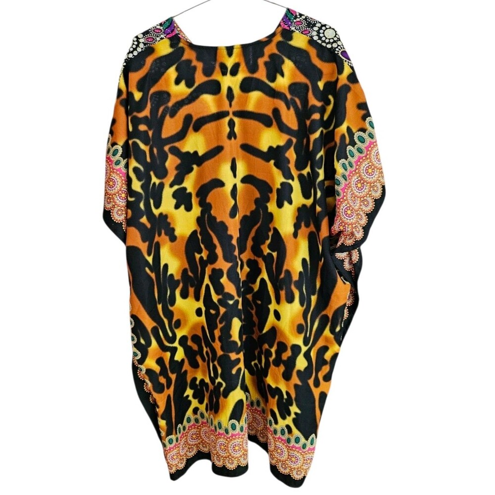 Good Times Caftan Dress One Size Colorful Polyester Kimono Sleeve Cruise Lounge - Picture 2 of 7